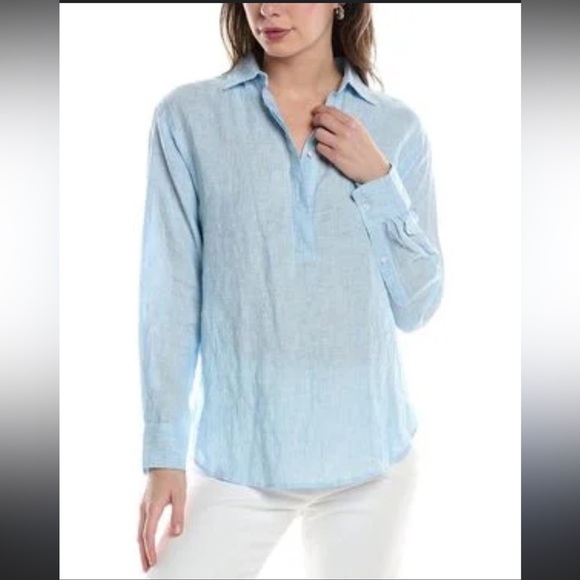 J. McLaughlin Tops - J. McLaughlin 100% Linen Quarter Button Up Blouse Top Blue Large